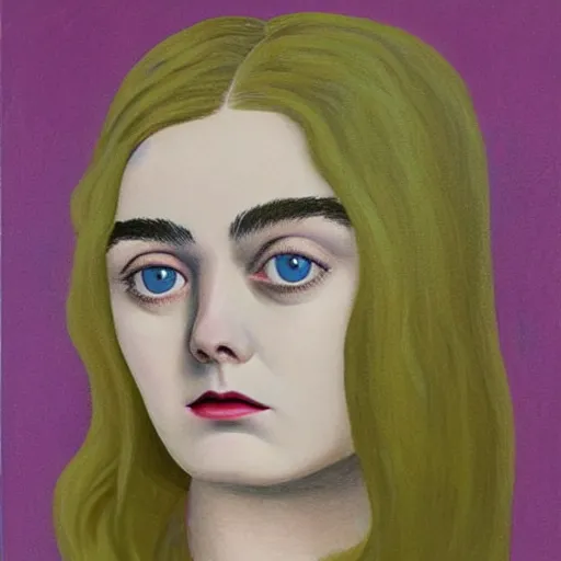 Prompt: professional painting of Elle Fanning in the style of Rene Magritte, head and shoulders portrait, symmetrical facial features, smooth, sharp focus, illustration, intricate, stormy weather, extremely detailed masterpiece,