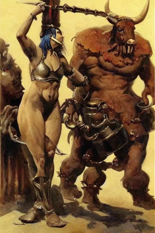 Image similar to a minotaur wearing a steel chestplate and holding a mace, human dressed as a bull, painting by frank frazetta