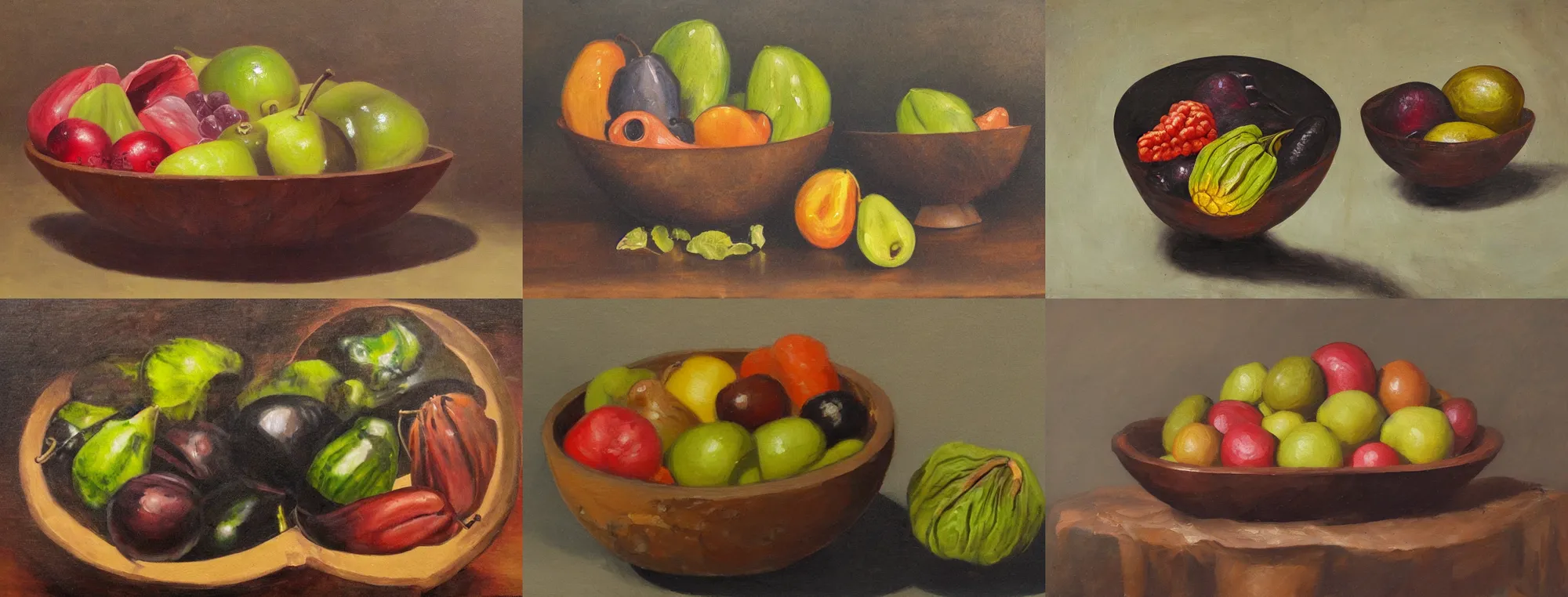 Prompt: a wooden bowl with alien fruits, oil painting, dead nature study