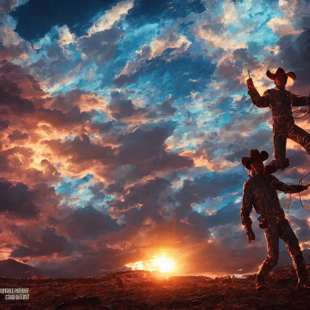 Image similar to octane render by laurie greasley and asher brown durand and jason edmiston, a cowboy wearing a full - body iridescent suit and cowboy hat inside a scenic western landscape with colorful clouds, cinema 4 d, 8 k, volumetric lighting and shadows