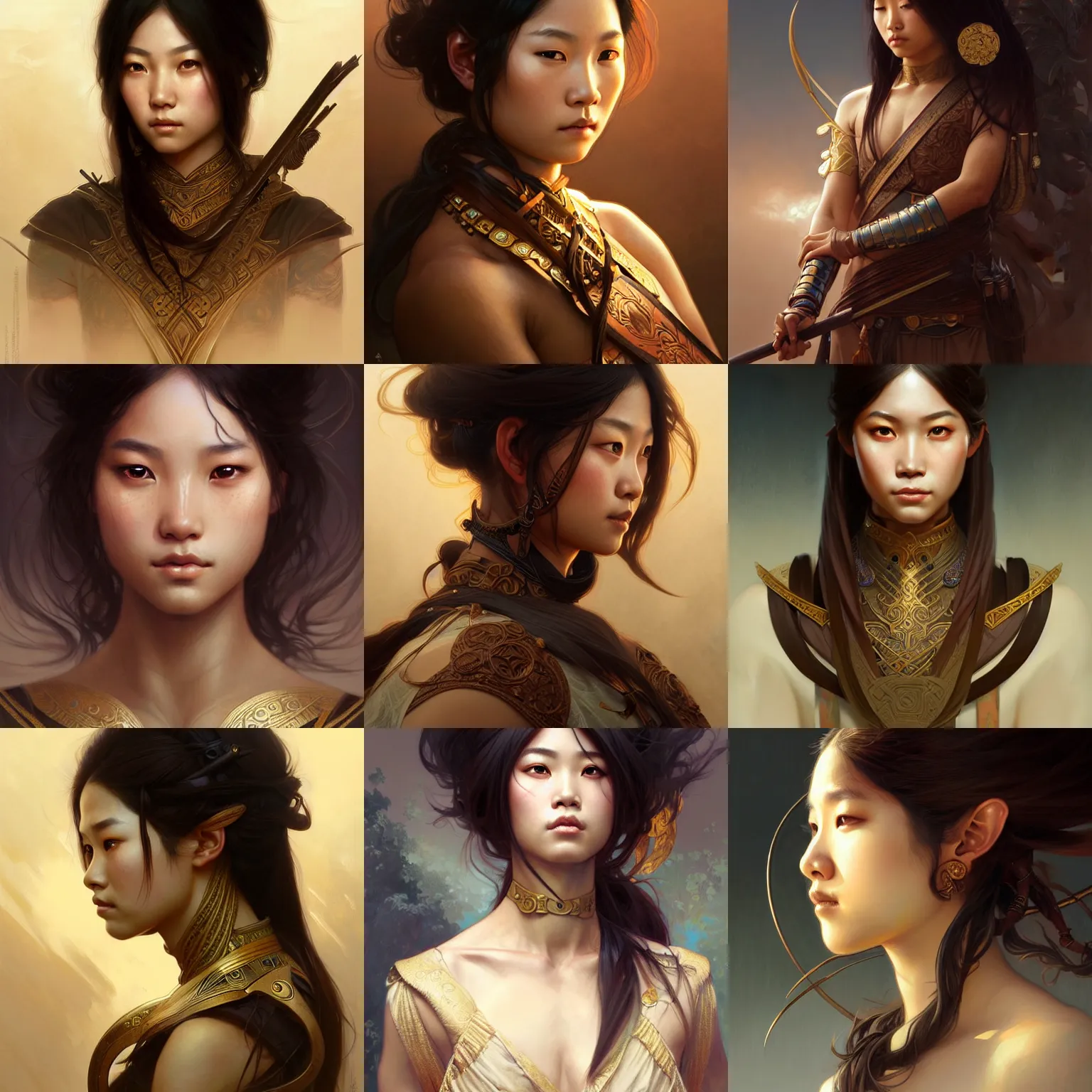 Prompt: Portrait of young asian femal warrior, brown eyes, face, dark fantasy, intricate, elegant, highly detailed, digital painting, artstation, concept art, smooth, sharp focus, illustration, art by artgerm and greg rutkowski and alphonse mucha