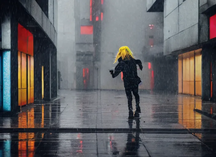 Image similar to a person with long, flowing hair skateboards through an empty brutalist city in the rain, colored gel lighting, reflective surfaces, midnight, portra, film grain, high contrast, chromatic aberration, reminiscent of blade runner, dynamic pose