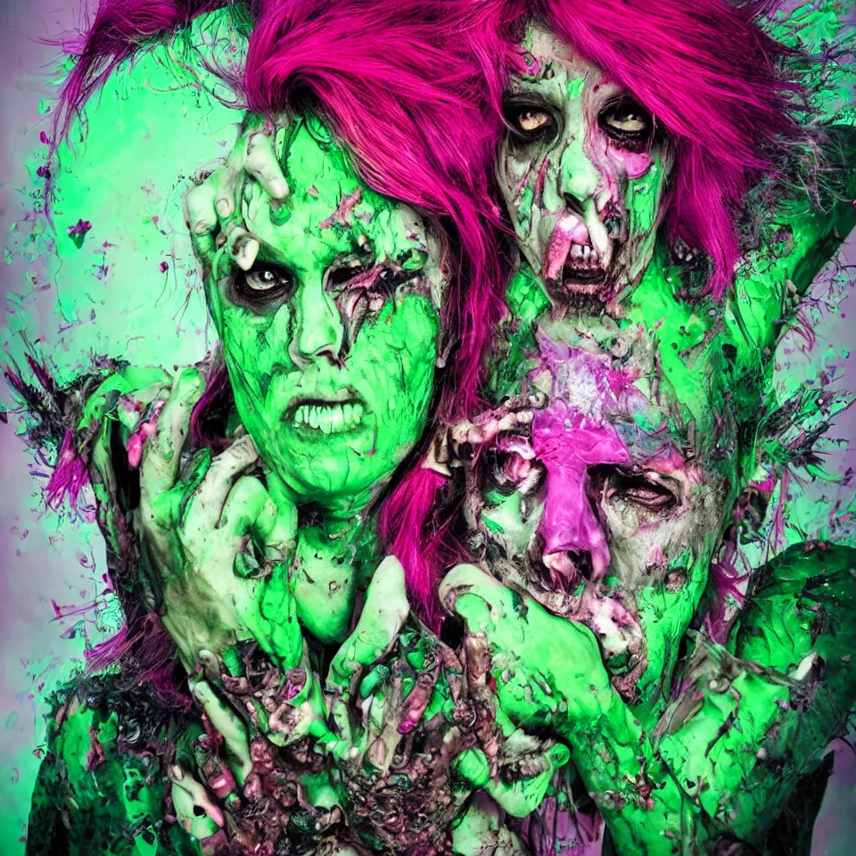 Prompt: ultra realistic portrait of a punk rock zombie with green skin and pink crystalline hair, multicolored background, vivid colors, dramatic lighting, intricately detailed, baroque