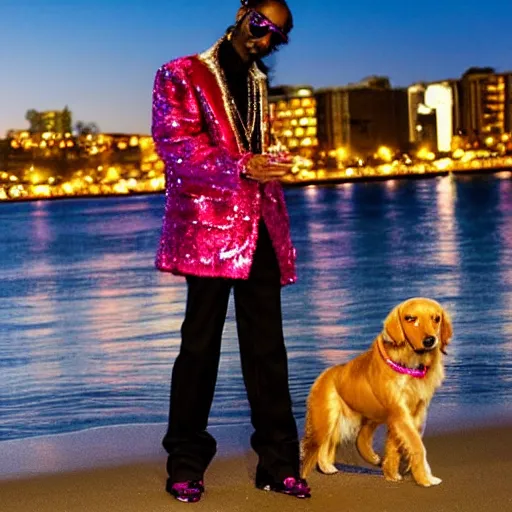 Image similar to Snoop Dogg any sparkly pink sequin jacket petting a golden retriever on a beach at night