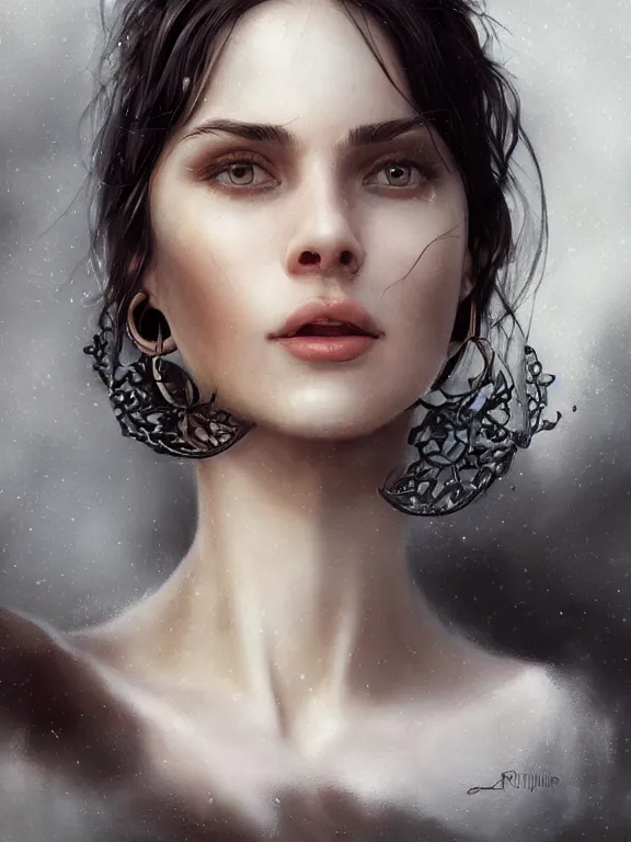 Image similar to beautiful russian girl with short dark hair and septum piercing, thin round earrings, winds of winter, au naturel, hyper detailed, digital art, trending in artstation, cinematic lighting, studio quality, smooth render, octane rendered, concept art, sharp focus, illustration, art by artgerm and greg rutkowski and wlop and krenz cushart