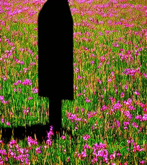 Image similar to tall shadow person figure standing in beautiful meadow of flowers, vintage film photo, grainy, high detail, high resolution