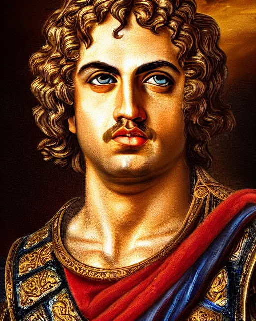 Image similar to oil painting portrait of alexander the great, high production value, intricate details, high resolution, hdr, high definition, masterpiece, realistic, ultrarealistic, highly detailed, hd, sharp focus, non blurry, sharp, smooth