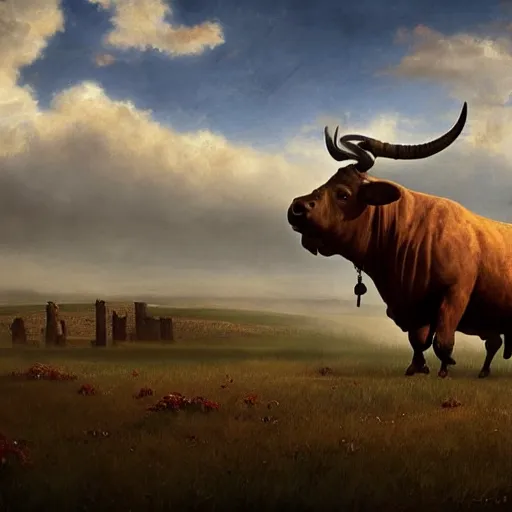 Image similar to a medium shot of a giant bull with horns decorated!!! with bells and ribbons, background is the ruins, in the steppe, autumn field, misty background, from the game pathologic 2, highly detailed, sharp focus, matte painting, by rosa bonheur, by isaac levitan and asher brown durand,