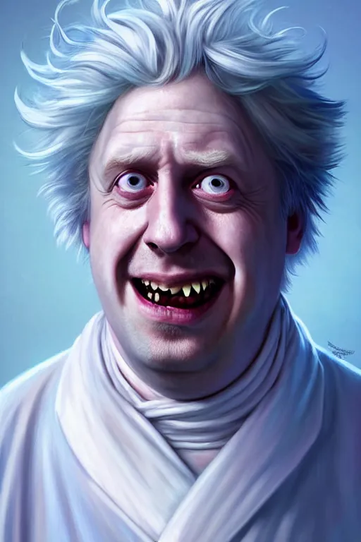 Image similar to Boris Johnson as a kind smiling Rick Sanchez from Rick and Morty, unibrow, white robe, big eyes, realistic portrait, symmetrical, highly detailed, digital painting, artstation, concept art, smooth, sharp focus, illustration, cinematic lighting, art by artgerm and greg rutkowski and alphonse mucha