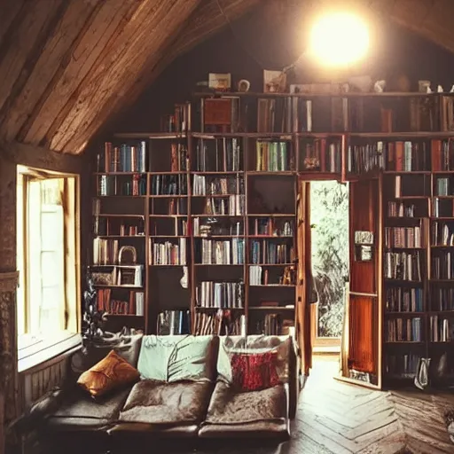 Image similar to cosy house interior with a lot of book everywhere, beautiful lighting, weird atmosphere