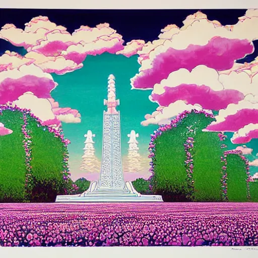 Prompt: a beautiful painting of a large alien shrine shrouded by mystic nebula magic in a field of flowers by hiroshi nagai and hirohiko araki, detailed line art