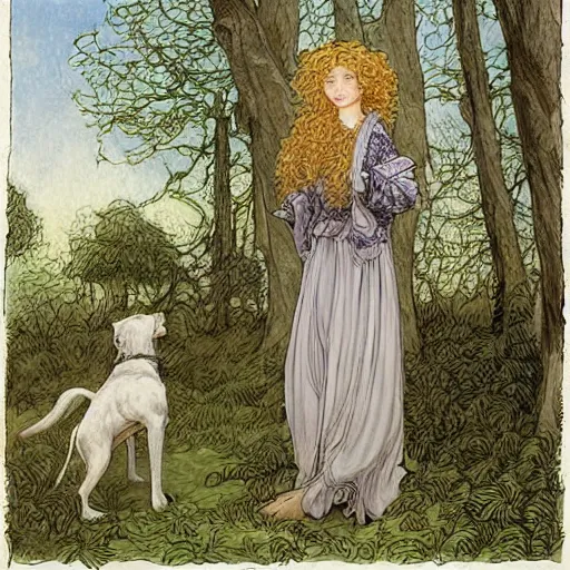 Image similar to girl with curly blonde hair sits in a forest with a white pitbull next to her, highly detailed, painting by rebecca guay