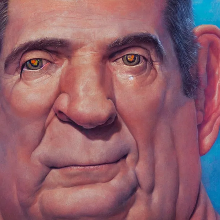 Image similar to Hyperrealistic intensely colored close up studio Photograph portrait of bioluminescent Senator Ted Cruz, symmetrical face realistic proportions eye contact golden eyes, Smiling in a coral reef underwater, award-winning portrait oil painting by Norman Rockwell and Zdzisław Beksiński vivid colors high contrast hyperrealism 8k