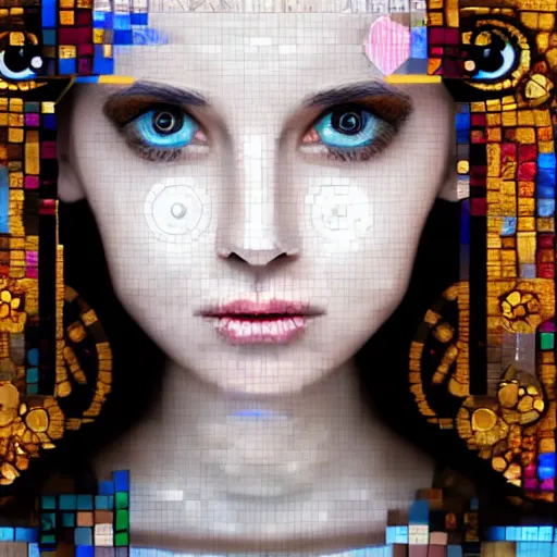 Image similar to portrait mosaic of a beautiful cute girl with robot ears and eyes, 4k, intricate details