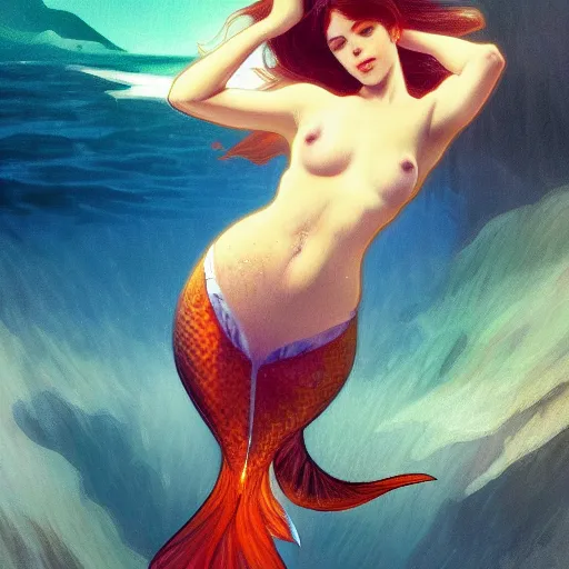 Image similar to a mermaid, cinematic lighting, soft bokeh, fantasy, modern, colourful, highly detailed, digital painting, artstation, deviantart, concept art, sharp focus, illustration, alphonse mucha, edward hopper