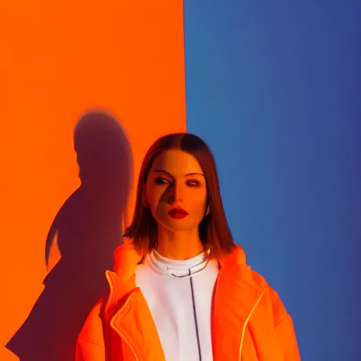 Image similar to un ultra high definition modern streetwear art photographic portrait of a fictional female fine artist named oxoxoxox oxoxox standing outside her london home wearing all orange. three point light. golden hour, golden ratio, ray tracing, volumetric light and shadow, shallow depth of field.