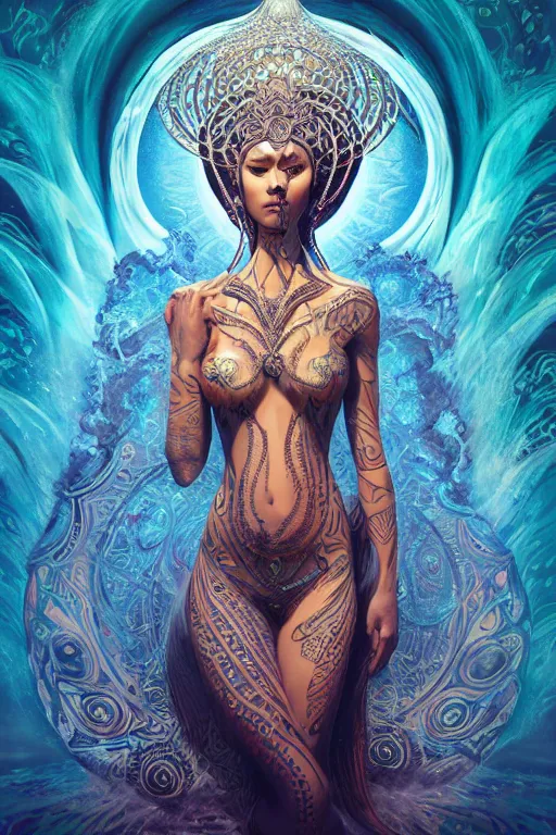 Image similar to a centered full body render of an alluring mystical goddess with tribal paintings surrounded by a underwater ink pour and flowing liquid galium and sacred geometry, perfect face, powerful, cinematic, beautifully lit, by artgerm, by karol bak, by viktoria gavrilenko, 3 d, trending on artstation, octane render, 8 k