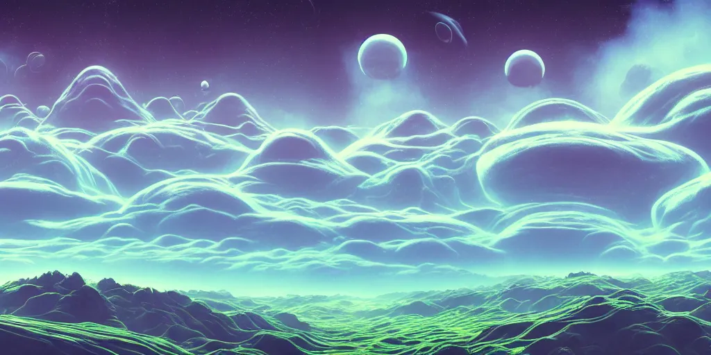 Prompt: a view of a surreal alien variated planetary landscape, surreal clouds, floating islands, 4 k, retro, detailed, beautiful view, vibrant, trending on artstation