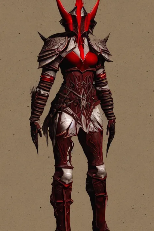 Image similar to female adventurer in tight full - body ebony leather armor of dunmer design with dark red cloth underneath and with a red porcelain crow mask, trending in artstation, establishing shot