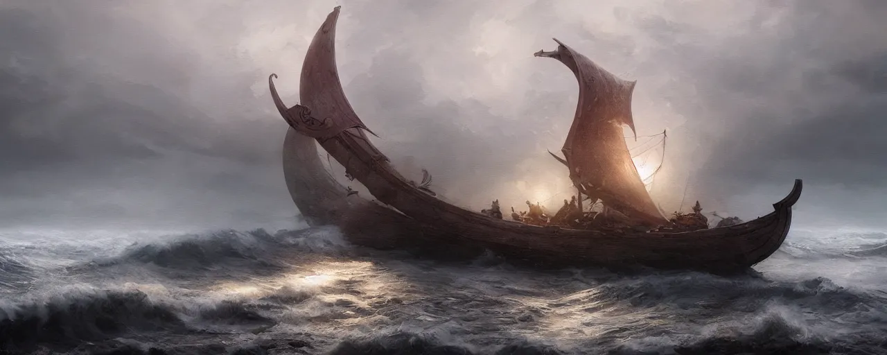 Prompt: viking ship, ocean, storm, intricate, detailed, volumetric lighting, scenery, digital painting, highly detailed, artstation, sharp focus, illustration, concept art, ruan jia, steve mccurry