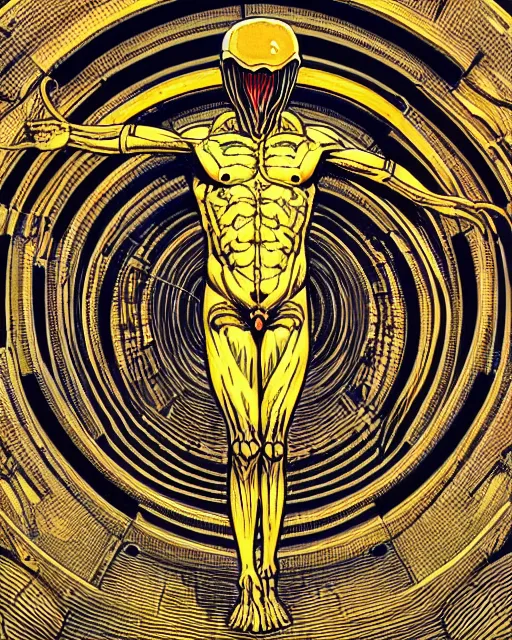 Prompt: space xenomorph as vitruvian man by james jean and moebius, ultra wide angle, full body, no crop, golden ratio, hyper details