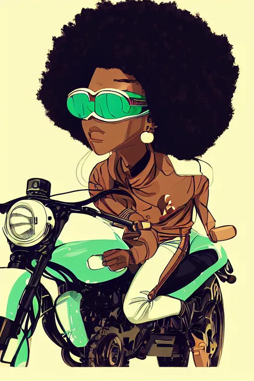 Prompt: black woman with goggles riding motorbike, afro hair, ilya kuvshinov, jamie hewlett, yoji shinkawa, muted colors, clean lines, bold linework, beautiful detailed illustration, 17th century oil painting, flat colors, studio ghibli, cel shading,