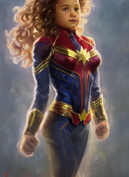 Image similar to a little girl with a mischievous face and light brown curly wavy hair. she is dressed as captain marvel, wonder woman, captain america, a superhero. clean elegant painting, beautiful detailed face. by artgerm and greg rutkowski and alphonse mucha