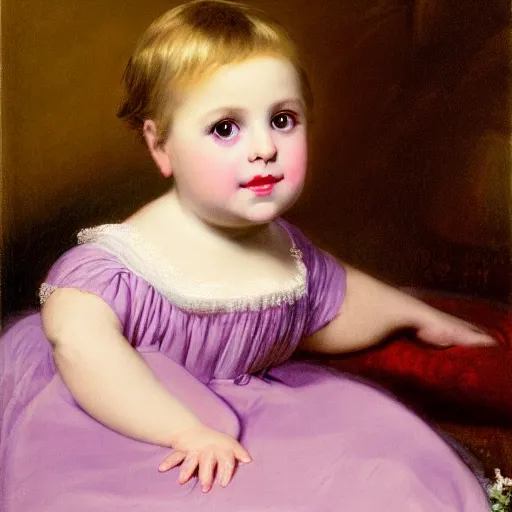 Image similar to portrait of a german toddler princess sitting down in a silk lavender gown, circa 1 8 3 7, by carl joseph begas, highly detailed, beautiful, oil on canvas, 1 8 3 0 s, romanticism