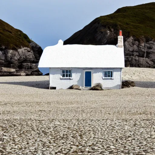 Prompt: a whitewashed cottage on a windswept beach