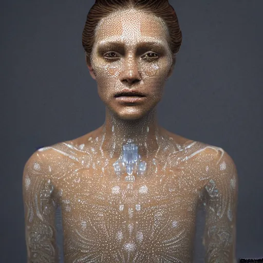 Prompt: full shot of a regal brown woman wearing an intricate and detailed armor made of dew drops. multiple layers. reflections. morning dew. textures. delicate. translucent.. no makeup!! freckles!! haunting eyes. vulnerable. fragile. ethereal. refracted light. extremely soft lighting. textures. delicate. translucent. photorealistic. octane render