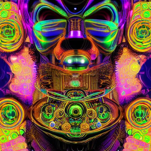 Prompt: hyperdetailed portrait of a psychedelic steampunk robot head, covered in colorful glowing holy geometry lotus flowers and tubes, eyes shoot multicolored laserbeams, 8 k, symetrical, halluzinogenic, meditative, black background
