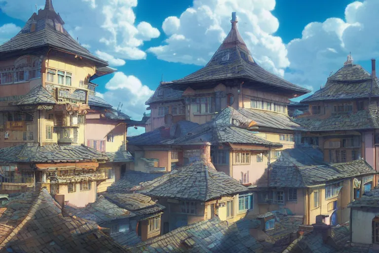 Prompt: a wholesome animation key shot of a traditional city with tiled roofs, architecture, very detailed, medium shot, studio ghibli, pixar and disney animation, sharp, rendered in unreal engine 5, anime key art by greg rutkowski, bloom, dramatic lighting, blue sky with clouds