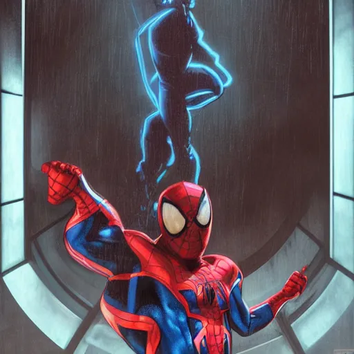 Image similar to ryan reynolds as a black and blue suit spider - man, cinematic, volumetric lighting, f 8 aperture, cinematic eastman 5 3 8 4 film, photorealistic by greg rutkowski, by stanley artgerm, by alphonse mucha