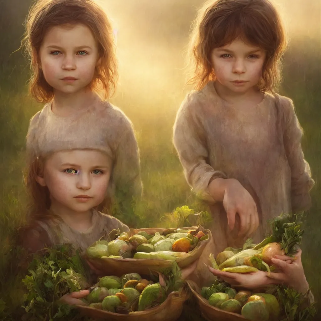 Prompt: Beautiful aesthetically pleasing single female child portrait, face centered portrait, ((only one face)) Confident holding vegetables, lush farm lands, fog, volumetric lighting beautiful, golden hour, sharp focus, ultra detailed, conceptartworld by Leesha Hannigan, Ross Tran, Thierry Doizon, Kai Carpenter, Ignacio Fernández Ríos