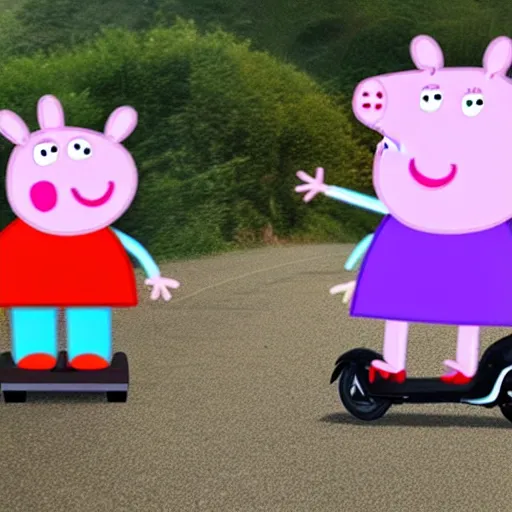 Prompt: peppa pig riding a scooter on a mountain