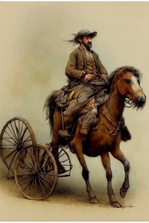 Prompt: ( ( ( ( ( ( ( ( man riding a horse ) ) ) ) ) ) ) ) with wheels!!!!!!!!!!!! wagon!!!!!!!!!!!!!! by jean baptiste monge!!!!!, muted colors, detailed