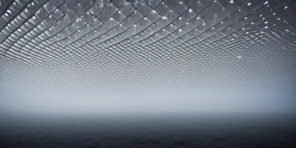Image similar to white honeycomb organic illuminated building with warm illumination inside by kendall buster sits on the field evening atmosphere in low fog, 4 k, insanely quality, highly detailed, telephoto lens, shallow depth of field