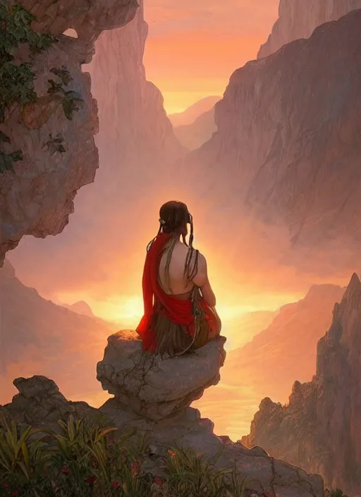 Image similar to an shaman sitting at the top of a cliff, looking down at the valley, doing a vision quest, beautiful sunset, art by artgerm and greg rutkowski and alphonse mucha