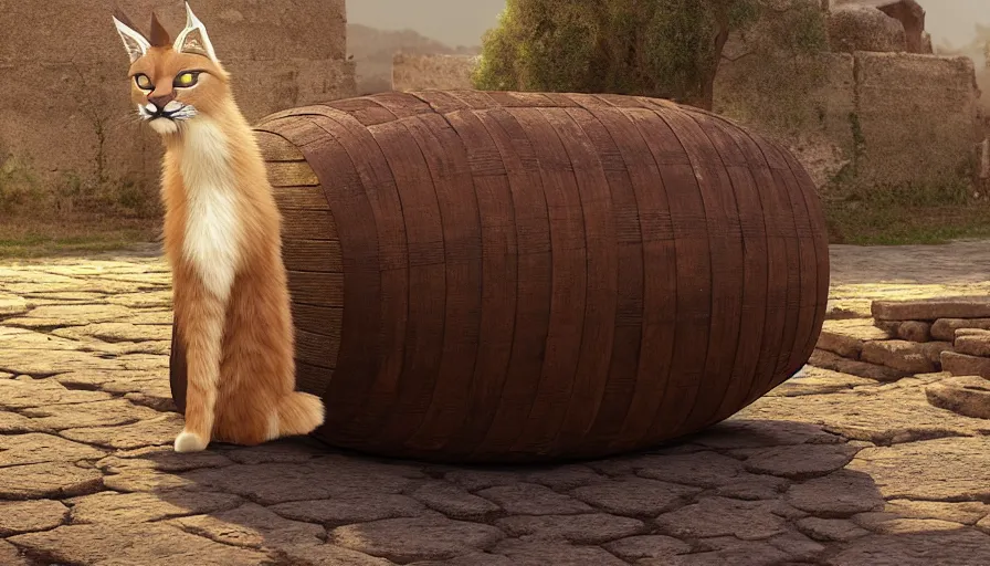 Prompt: wooden barrel on one side, fullbody photo of cute fluffy caracal in it, ancient greek city, sunny day, by ilya kuvshinov, rtx rendering, octane render 1 2 8 k, maya, extreme high intricate details by tom bagshaw, medium shot, close up shot, composition by sana takeda, lighting by greg rutkowski