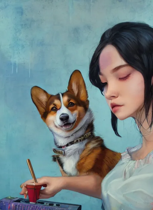 Prompt: beautiful fantasy painting of a Hiphop Lofi teenage queen and corgi chilling to music, by Kenne Gregoire, James Jean, Tran Nguyen, WLOP, Jakub Rebelka. trending on Artstation, 8k, masterpiece, face enhance, graffiti paint, fine detail, full of color, intricate detail, golden ratio illustration