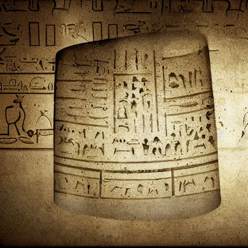 Image similar to a desolate abandonded destroyed city, featuring a mysterious vase covered in hieroglyphs, digital art
