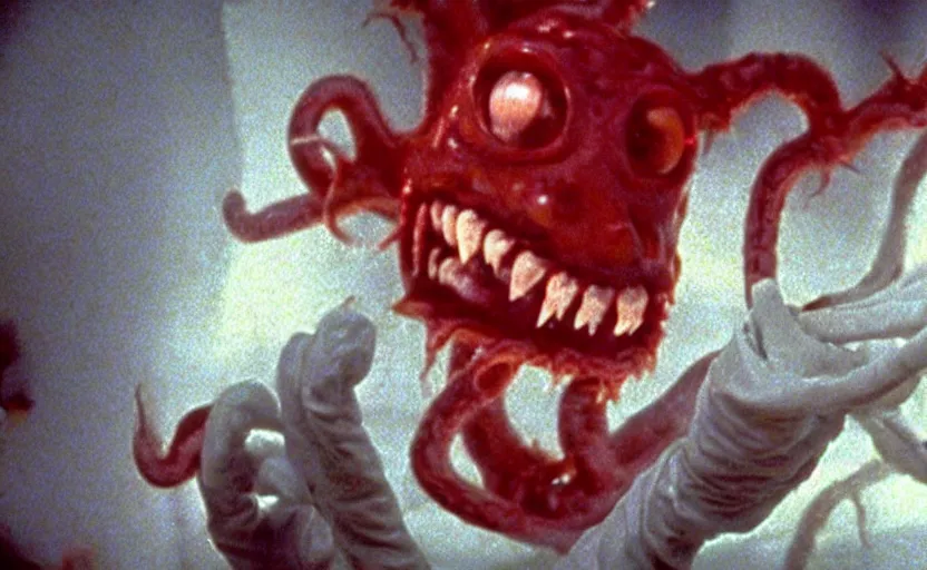 Image similar to scary filmic wide shot angle movie still 35mm film color photograph of a shape shifting horrific nightmarish abstract alien organism from The Thing 1982 spewing toxic spined tentacles made out of flesh strangling a doctor wearing a lab coat and surgical mask in the style of a horror film