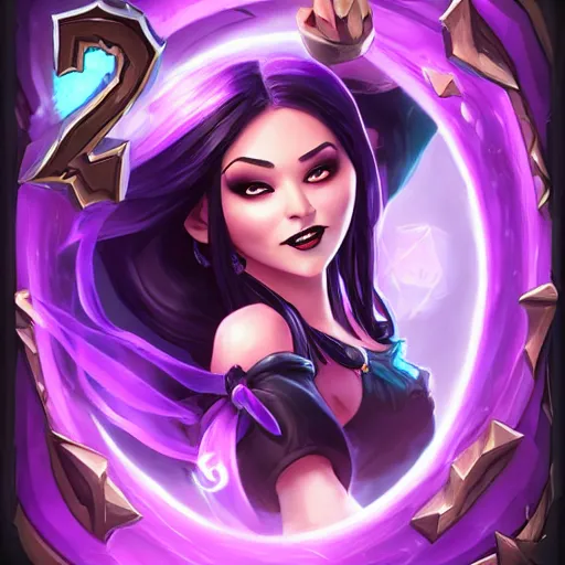 Prompt: a beautiful woman with long black hair, wearing a black corset top and a purple tutu, Hearthstone official splash art