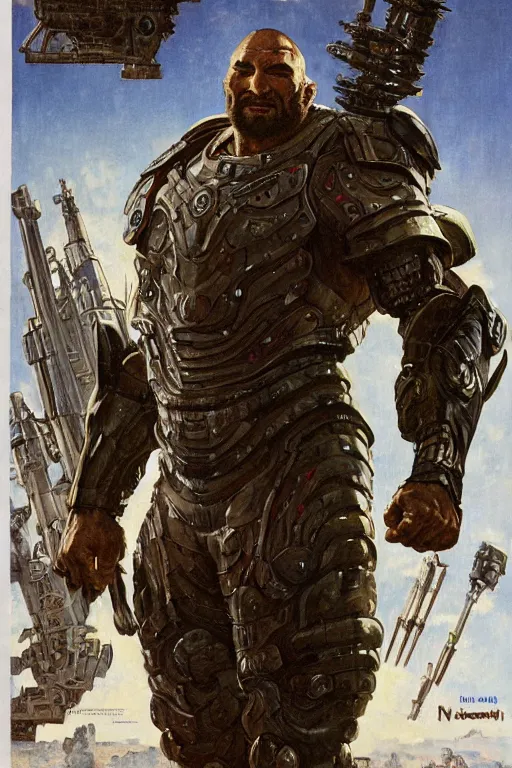 Prompt: portrait of hulking giant dave bautista in futuristic scifi battle armour by norman rockwell