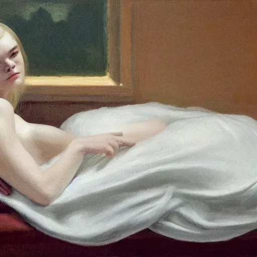 Image similar to Elle Fanning in a black robe holding a skull on the beach, head and shoulders portrait, stormy weather, extremely detailed masterpiece, Roger Deakin’s cinematography, oil on canvas, Edward Hopper,