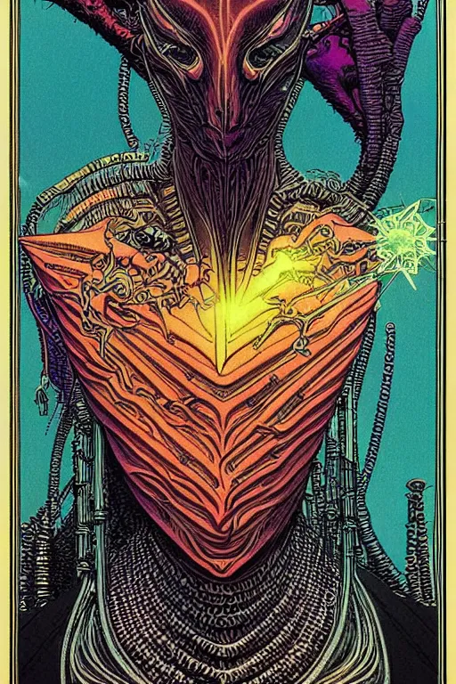 Prompt: portrait of black and psychedelic grainshading tarot card print of the loverof by moebius, wayne barlowe, cyberpunk comic cover art, very intricate, thick outline, artstation