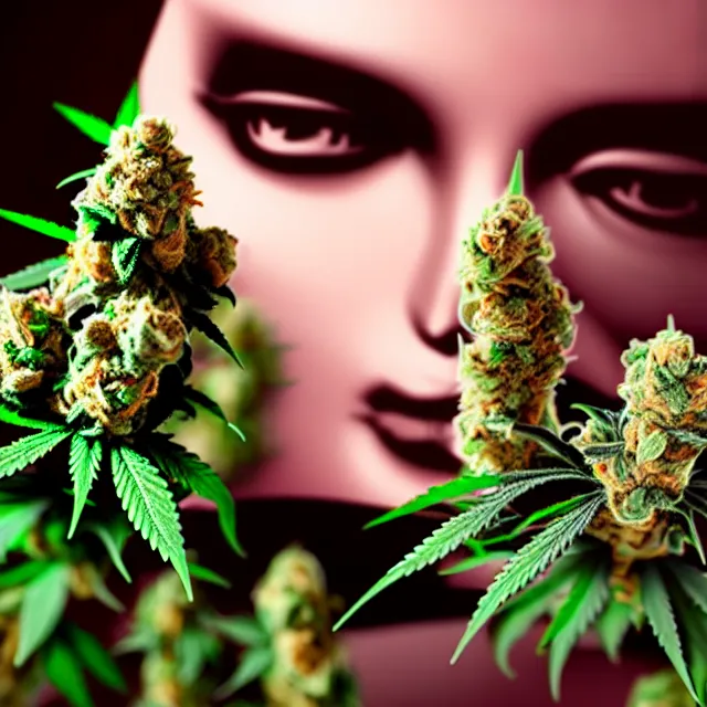 Prompt: beautiful photorealistic cannabis marijuana flower buds with human faces on them with red eyes photorealistic 4 k hd