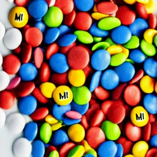 Image similar to a pile of m & m candies forming the face of eminem