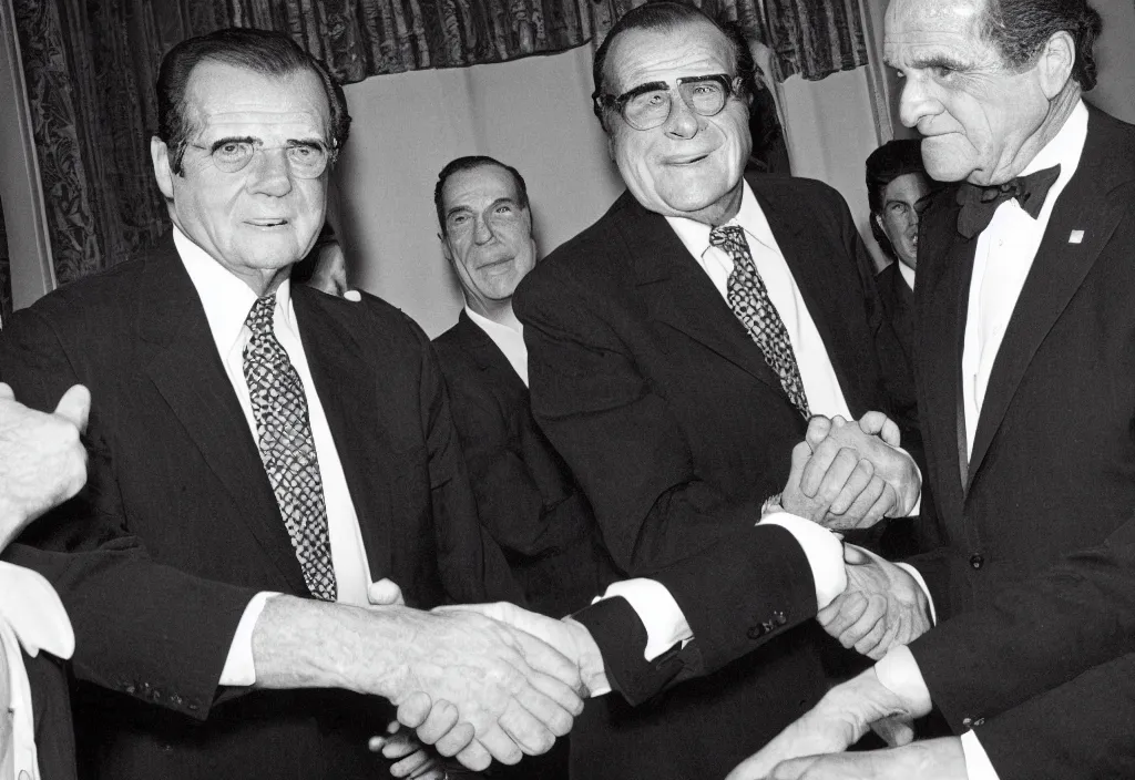 Image similar to high quality black and white photograph of TMNT Michaelangelo shaking hands with Richard Nixon at the White House