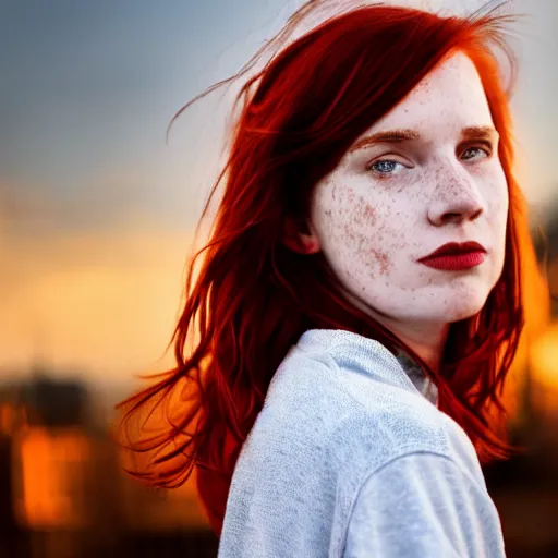 Image similar to photograph, closeup portrait of a young pale woman with shoulder length red hair, tired eyes, freckles, wearing red flannel, soft lighting, city background, sunset, bokeh, urban setting, high contrast, sharp, portra 8 0 0, photographed by annie leibovitz, trending on tumblr,